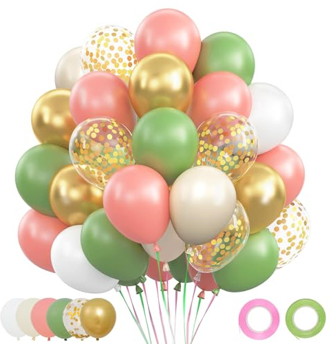 Luftballons Rosa Grün, 62 Stück Luftballon Geburtstag Salbeigrün Retro Rosa | Luftballon Grün Creme Weiß Beige, Metallic Gold Ballons mit Konfetti Ballon für Geburtstagsdeko Mädchen JGA Deko Babyparty