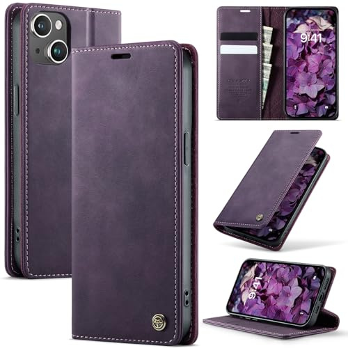 Cracedily Wallet Case for iPhone 15 Leather Wallet Flip Cover with Card Holder, Kickstand, Magnetic Closure, RFID Blocking TPU Shockproof Phone Case Compatible with iPhone 15, Purple
