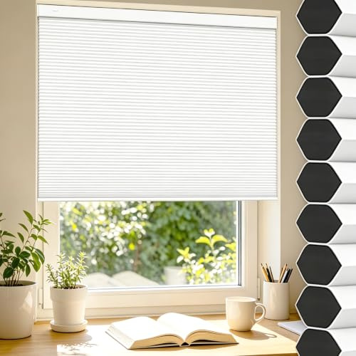 AKOLENM Wabenplissee ohne Bohren, Schnurloses Verdunkelungsrollo, 100% Verdunkelung, Sonnenschutz und Schallschutz, Wabenplissees für Fenster und Türen im Innenbereich (weiß, nach Maß)