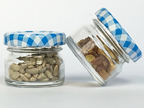 hocz 100er Set Sturzgläser Mini Gläser | Füllmenge 30ml | Deckelfarbe Blau Kariert | To 43 Rundgläser Honig Marmeladengläser Obstgläser Einweckgläser Honig Gläser Einmachgläser Probiergläser