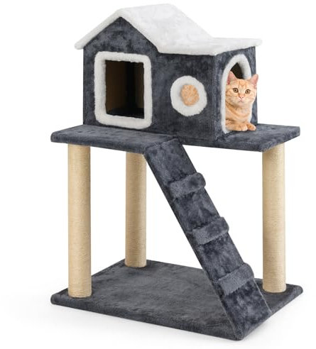 COSTWAY Kratzbaum Katzenbaum, 90 cm hoch, Katzenkratzbaum mit großer Höhle & Leiter & Sisalstämmen, Kletterbaum für Katzen, Katzenturm mit weichem Plüsch, Spielbaum Kratzmöbel, Grau