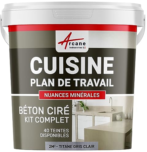 Béton ciré cuisine, plan de travail, crédence, évier, sol et mur, revêtement mural décoratif, kit complet - 2 m² (en 2 couches) Titane Gris Clair - ARCANE INDUSTRIES