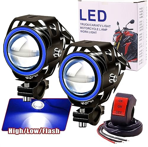 Ourbest 2 x Fendinebbia per Moto, Proiettori Moto con Luci Occhi d'Angelo, Luci di Guida fendinebbia per Moto, Faro Anteriore Alto/Basso/Strobe 3 Modalità, Halo Blu con Interruttore