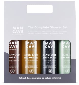 ManCave Komplettes Geschenkset, Duschgel Set, Koffein Shampoo, Körperpeeling, Duschgels, Männer Geschenkset, ohne Sulfate, geschenkset für männer Umweltfreundlich in PCR Kunststoff, vegan, set männer