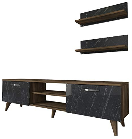 Alphamoebel 5149 Ayden Wohnwand Anbauwand TV Lowboard modern für Wohnzimmer, Holz, Walnuss Marmor Optik, 2 Hängeregale, viel Stauraum Ablagefächer, 150 x 40,6 x 30 cm