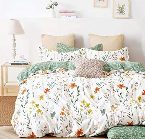 SLEEPBELLA Bettwäsche-Set für Queen-Size-Betten, Fadenzahl 600, Baumwolle, 3-teilig, gelbe Blumen und grüne Zweige, gedruckt auf weißem, wendbarem Bettdeckenbezug