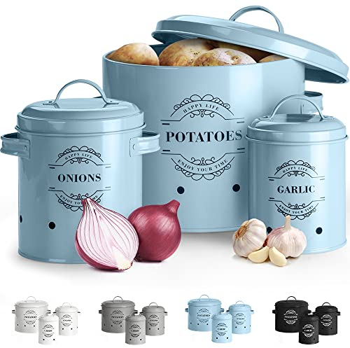 VirklyeeTarros de patatas Tarro de cebolla Tarro de ajo Juego de 3 Frascos de almacenamiento para frutas y verduras Tanque de almacenamiento de metal Botes para alimentos (Azul o2)