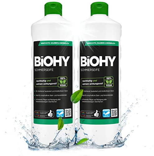 BiOHY Schmierseife (2 x 1 liter) | Konzentrat für Bodenreinigung – Wischpflege für Holz, Parkett & Fliesen | Rückfettend, extra stark & ergiebig | Flüssiger Bio-Fußbodenreiniger