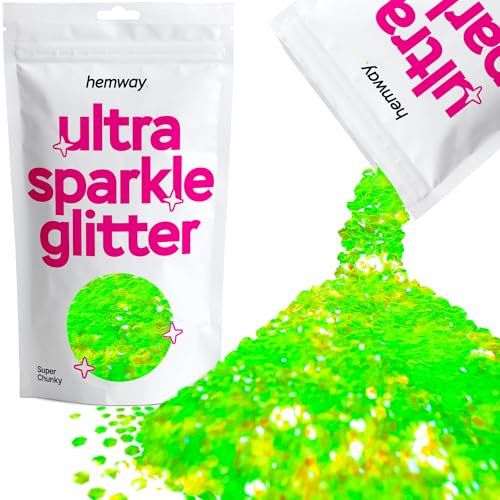 Hemway Ultra-Schein-Glitter - Super Chunky 1/8 0,125 (3 mm) - Cosmetic Sicher, Epoxidharz, Kunsthandwerk, Hochzeiten, Dekorationen, Kunst, Schönheit, Dekoration - 100g - Fluorescent UV-Neon-Grün