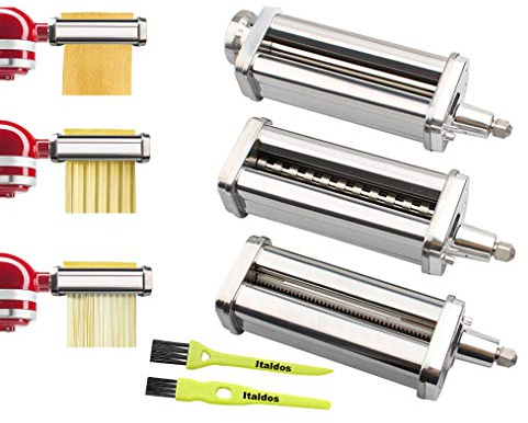 Italdos Kit 3 in 1 Sfogliatrice e Taglierini Pasta Fresca Compatibile per KitchenAid Rullo Sfoglia Lasagne per Fettuccine e Spaghetti – Pasta Maker in Acciaio Inox con Spazzolini di Pulizia
