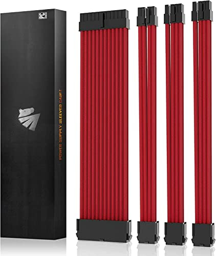 AsiaHorse PSU Kabelverlängerung, PC Sleeved Cable Kit für GPU/CPU, 16AWG Netzteil Cable Extensions mit Kabelkämmen, 24PIN/ (6+2) PIN/ (4+4) PIN Kabelmanagment, 30CM, Rot