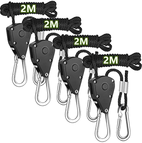 TIHOOK 4 STK Seil Ratsche,Verstellbare Seil Ratschenaufhänger,Pflanzenhaken,Seilratsche 1/8 Zoll,Einziehbarer Blumentopfhaken,Umlenkrolle mit Haken für Pflanzenventilator Filter, Licht-Raumausrüstung