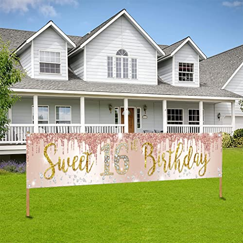 Süße 16 Geburtstag Mädchen Dekoration, süßes 16 Geburtstag Banner Rose Gold, Stoffschild 16 Geburtstag Poster, 16 Geburtstag Hof Banner für Mädchen Geburtstag Party Willkommensschild Gartendekoration