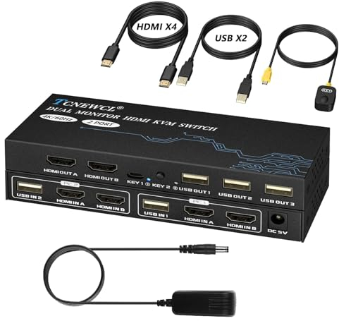 HDMI KVM Switch 2 PC 2 Monitore 4K@60Hz, Dual Monitor 2 In 2 Out Switcher mit Netzteil, mit 4 HDMI-Kabel und 2 USB-Kabel
