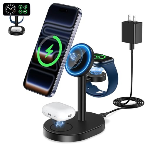 3 in 1 Wireless Charging Station for Apple MagSafe Charger, 15W Fast Magnetic Mag-Safe Charger Stand for iPhone 15 14 13 12 Series Apple Watch AirPods Multiple Devices, Adjustable Angle, Gifts for Men