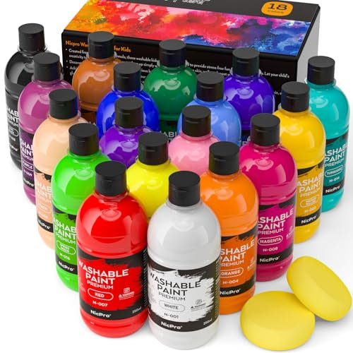 Nicpro 18 Farben große abwaschbare Farbeset für Kind (250 ml×18), Acryl Bulk Farbe liefert ungiftig Kinder Temperafarbe für Kunst, Handwerk diy, Poster, Finger malen, Acrylfarben Set für Schule, Haus