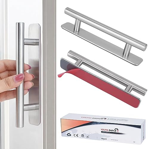 Young Dance Self-Stick Instant Cabinet Drawer Handles Pulls - 5 Stainless Steel Adhesive Door Handles, No Drilling Design, Stick On Handle for Cabinets Drawer Door Window Wardrobe Handle - 2Pcak