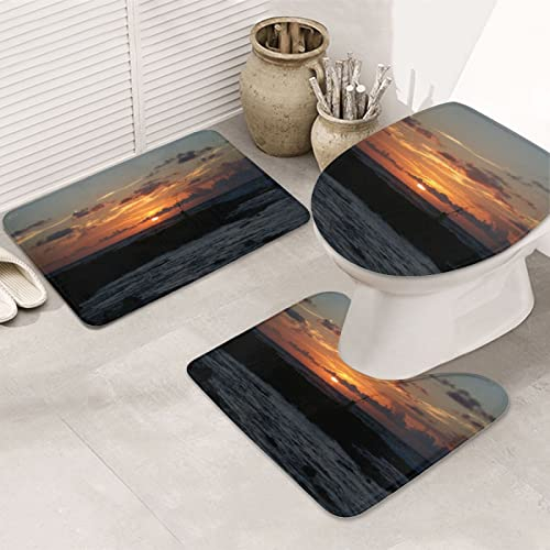 BAFAFA Ocean Cliff Sunset Bedrucktes Badematten-Set, Badezimmerteppich-Set, superweich, rutschfest, WC-Vorleger mit U-förmiger Matte für Badezimmer, Badewanne, Dusche – 3-teilig