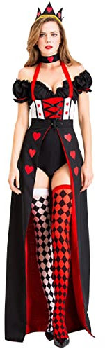 Odizli Herzkönigin Kostüm Damen Erwachsene Alice im Wunderland Herz-Königin Rote Königin Kleid Halloween Karneval Fasching Party Cosplay Faschingskostüme Prinzessin Ballkleid+Krone Rot 5Pcs M
