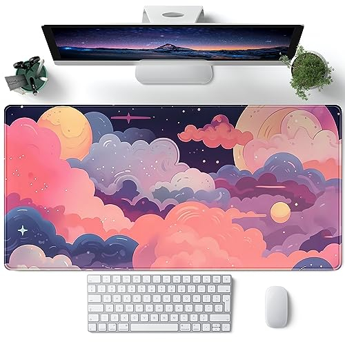 Cute Kawaii Clouds Pink Purple Desk Pad Anime XXL Large Mouse Pad Gaming Mousepad Laptop Computer Keyboard Mouse Mat 31.5''X 15.7'' Cute Desk Decor Accessories