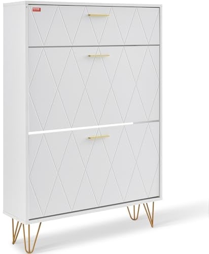 VEVOR Schuhschrank Schmal, Schuhregal Weiß, 800 x 239 x 1200 mm Schuhkipper mit 3 Klappen + oberem Staufach, Schuhkommode 68 kg Tragfähigkeit, Aufbewahrungsschrank Schuh P2-Spanplatte für Flur