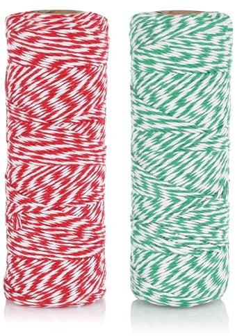 Nordstern Set di 2 fili in cotone + 20 etichette regalo, nastro regalo, cordoncini decorativi per regali e fai da te – rosso/bianco + verde/bianco, 200 m