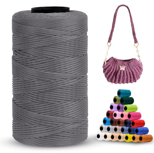 LEREATI Polyester Garn 1mm x 230m Makramee Garn 1mm Baumwollgarn Polyester Macrame Cord Polyester-Seil Baumwollkordel für Handtasche, Umhängetasche, Häkeltasche, Strickwaren (Schwarz Grau)