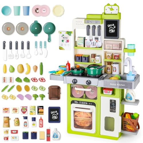 deAO Cocina Juguete,Accesorios Cocina Juguetes con Utensilios De Cocina, Estufa, Fregadero, Sonido Y Luz, Etc,Cocinita Infantil Medidas56*22 * 80Cm Verde