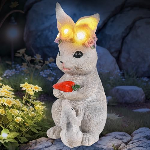 JJALIGHTS Solar Hasen Deko Figur, Hase Led Figuren Solar Hase Statue Osterhasen Deko Zimmer Garten Geschenke für Frauen Kinder Balkon Terrasse Feengarten 27CM