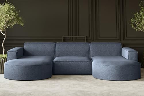 Kaiser Möbel, Sofa Modena, Designer u-Form Sofa, Modern Design Couch, Polsterecke, Freistehend, Verita Stoff Blau Breite: 299 cm