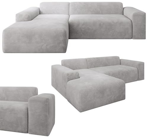 Juskys Sofa Vals Links mit POSO Stoff - L-Form Couch für Wohnzimmer - Ecksofa modern, bequem, klein - Eckcouch Sitzer - Cordsofa Hellgrau