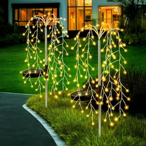 Micacorn Solar Garden Lights Christmas Lights, 2 Pack Solar Willow Tree Lights, 240LEDs Solar Fairy Pathway String Lights 8 Modes Waterproof Copper Wire Lights for Home Yard Christmas Decoration