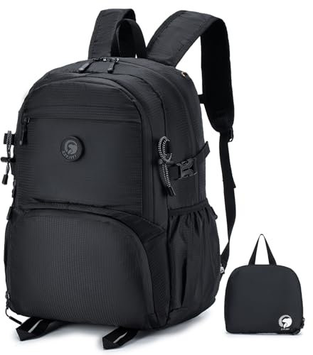 SPAHER Faltbare Reisetasche easyJet Handgepäck 45x36x20 Ultraleicht Wanderrucksack 32L Wasserdicht Backpack Daypack Flugzeug Groß Reiserucksack für Damen Herren Outdoor Camping Schwarz