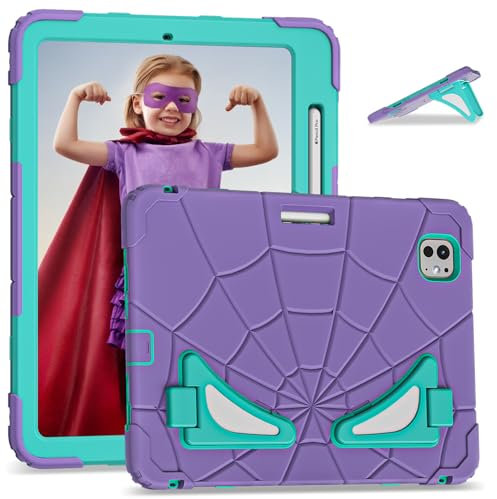 ANROD für iPad Pro 11 Zoll M4 2024 (A2836/A2837/A3006) Robuste Kinder Hülle mit [Pen Halter] [Doppel Ständer] Stoßfester PC + Silikon Hybrid Heavy Duty Armor Kinder Hülle (Lila+Minze)