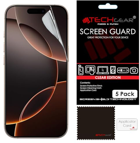 TECHGEAR [5 Pack Screen Protectors for iPhone 16 Pro - CLEAR LCD Screen Protector Guard Covers with Cleaning Cloth & Application Card Compatible with iPhone 16 Pro 6.3