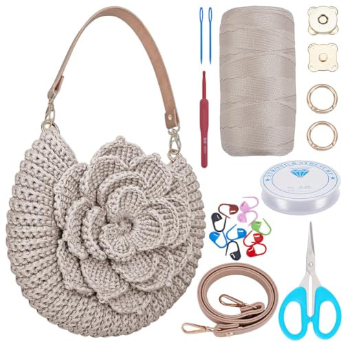 FREEBLOSS Borse Uncinetto Kit Borse Uncinetto Fiori Rosa Kit Uncinetto Kit Uncinetto Principianti Kit Uncinetto Completo Crochet Kit Kit Borsa Uncinetto Fai Da Te Kit Uncinetto Adulti con Istruzioni