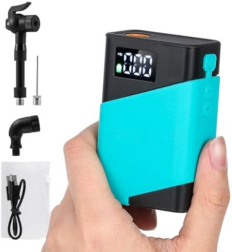 Crispaire Turquoise Tiny Bike Pump 120 PSI Auto Stop with Presta and Schrader Valve Portable Mini Electric Bicycle Air Pump for E-Bike Mountain Bike City Bike and Road Bike