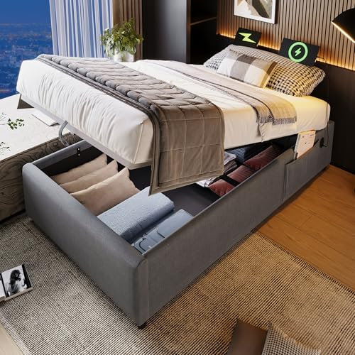 Huayz Polsterbett Einzelbett 90×200 cm, Struraumbett Bettgestell mit USB- C und Vollflächiger Lattenrost, Ohne Kopfteil, Leinen, Natürlich