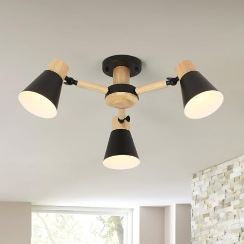 Schindora Deckenlampe Schwarz 3-Lichter,Holz Und Eisen Deckenleuchte Esstisch Ø55Cm E27 KüChe Lampe Verstellbare Licht Arme Modern Lampe Wohnzimmer For Home Schlafzimmer Esszimmer