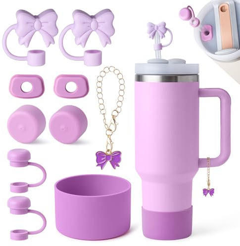 linmaya Stanley Cup Zubehör Set, enthält 6 Silikon Spill Proof Stopper, 2 10mm Strohhalm Abdeckung, 1 Griff Charme,1 Bodenschutz Fits für Stanley Cup kompatibel mit Hydro Flask (Rose Quartz)