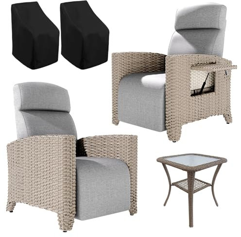 Fiutazge 2 Stück Relaxliege Verstellbare Rückenlehne,Gartensessel mit Liegefunktion,Balkontisch,Abdeckung,Relaxsessel Rattan Sonnenliege für Innen,Außen-Braun Rattan und Grau Sitzkissen