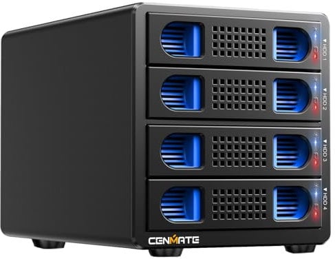 CENMATE Case Hard Disk 4 Bay con Ventola per 2,5/3,5” SATA HDD/SSD con Cavo USB A/C 3.0+eSATA, Case HDD 3,5 Supporta 80TB di Capacità (NO RAID/NAS)