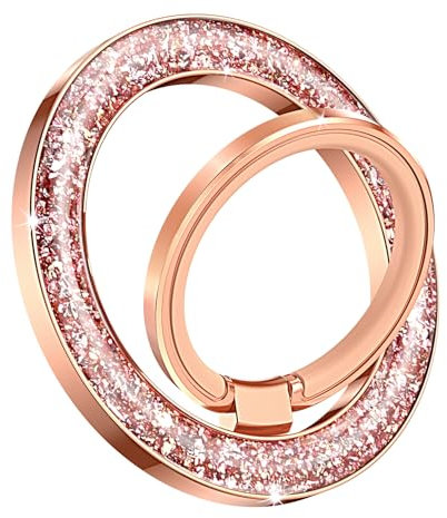 GaoBao Magnetic Phone Ring Holder,Compatible with MagSafe,Bling Glitter Sparkle Magnet Phone Grip Women Cute Adjustable Stand Kickstand for iPhone 16 15 14 13 12/Pro/Pro Max/Plus/Mini Series,Rose Gold