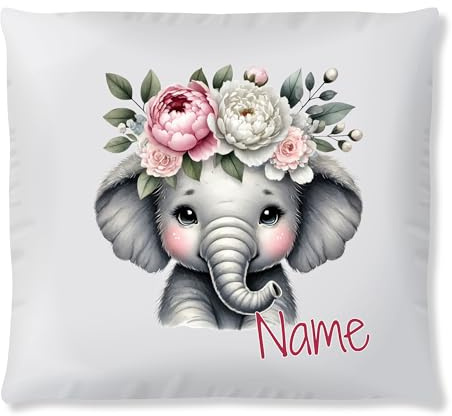GRAZDesign Personalisiertes Kinderkissen mit Elefanten Niedliches Dekokissen mit Blumenkranz und Name Geschenk für Mädchenzimmer