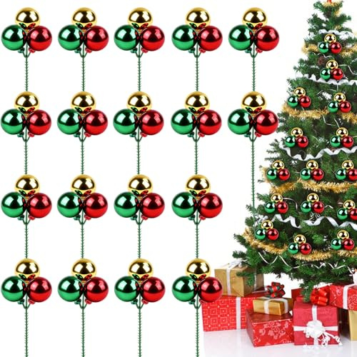 18 PCS Christmas Ball Ornaments Picks Red Green Gold Xmas Ornaments on Wired Stems Shatterproof Christmas Branches Decoration for Tree Vase Wreath Garland Indoor Outdoor Party Decor