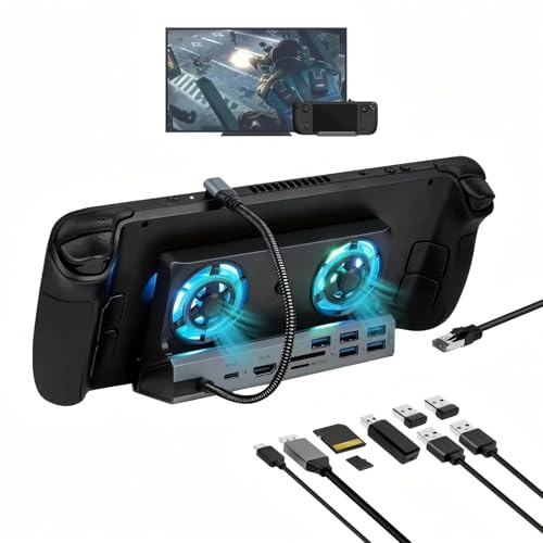 Ouitble Estación de Acoplamiento Steam Deck Rog Ally Dock Hub USB C 10 en 1 con Ventiladores de refrigeración duales Interfaz Multimedia HD 4K 60 Hz Carga de 100 W para configuraci