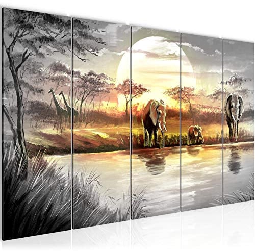 Runa Art Wandbild XXL Afrika Elefant Wohnzimmer Schlafzimmer 200 x 80 cm Grau Gelb 5 Teilig - Made in Germany - 000755a