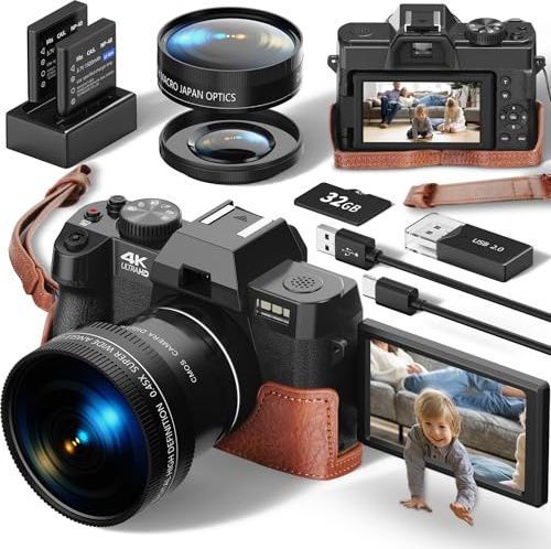 Digital Camera for Photography and Video,4K 48MP Vlogging Camera for YouTube with 180° Flip Screen,16X Digital Zoom,52mm Wide Angle,Leather Hold & Strap, 2 Batteries, 32GB TF Card QCY-UK-S100F-BB-N4
