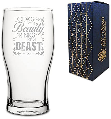Novelty Engraved/Printed Tulip Beer Cider Pint Glass - Looks Like a Beauty Drinks Like a Beast - Engraved