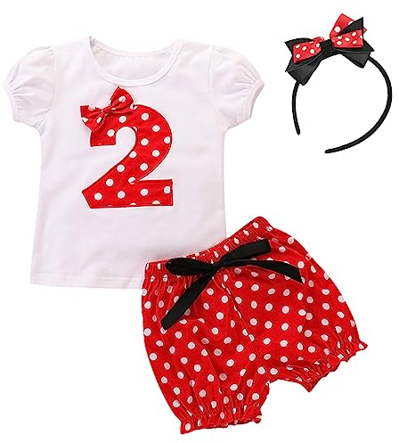 FYMNSI Ensembles Shorts et Haut Fille T Shirt en Coton à Manches Courtes + Pois Rouge Short Pantalons Courts + Bandeau d'oreille Été Vêtements de Fête d'anniversaire per Enfant Bébé 18-24 Mois